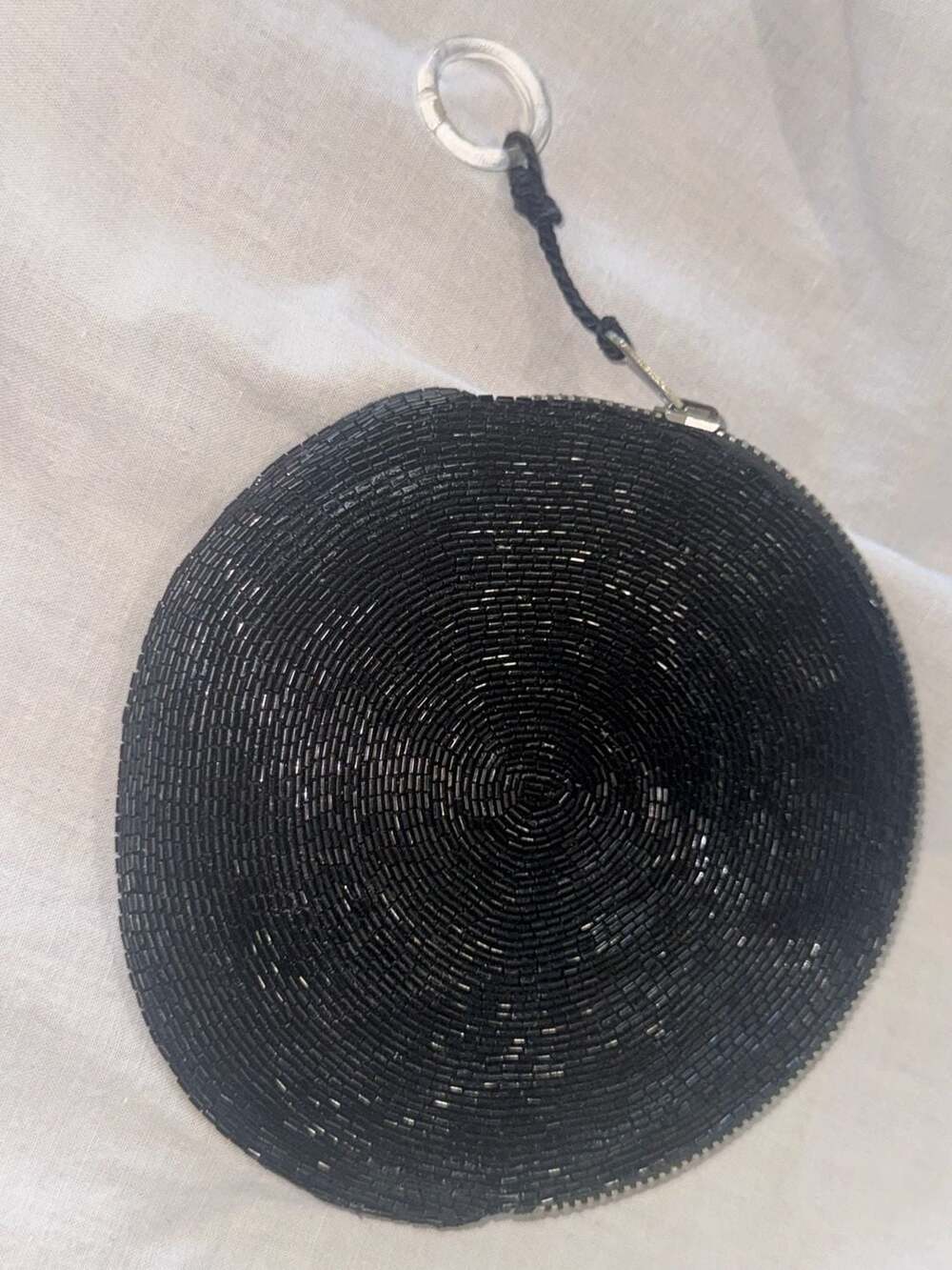 Vintage Black Beaded Round Coin Purse Zipper Pouch